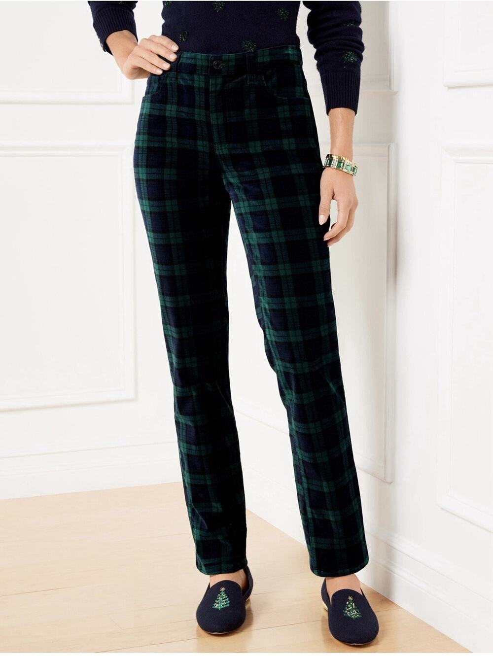 Talbots Velveteen Straight Pants Womens Green Tartan Plaid Preppy Holiday 4P